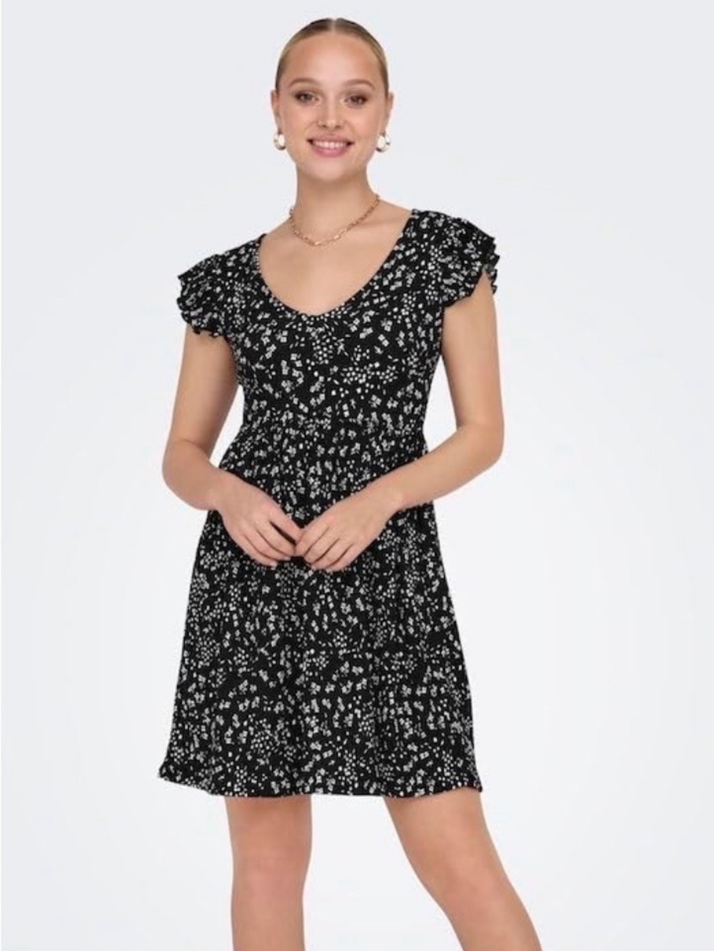 Only Black Mini Dress with White Floral Motif and Ruffle Sleeves